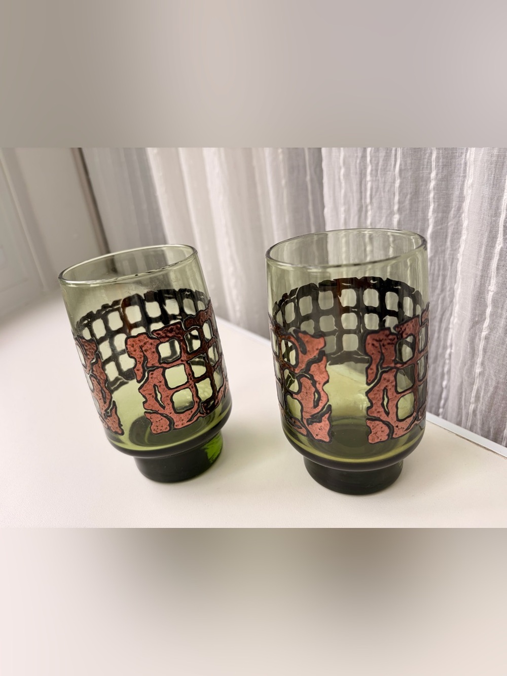 RARE VTG Libbey Signed 2 Green Glass Tumblers Copper Monogram MCM 1970s Barware - Picture 6 of 14